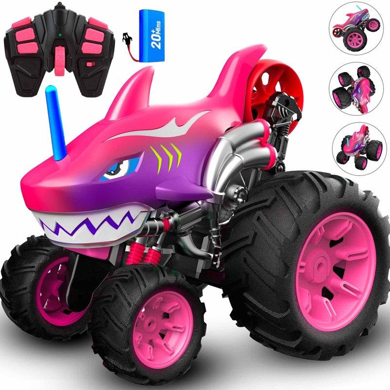 Wisairt Remote Control Monster Truck 1:16 4WD Shark RC Car With 360 Degrees Rotation Upright Stunt Car Toys For Kids Boys Girls Age 3+(Pink)