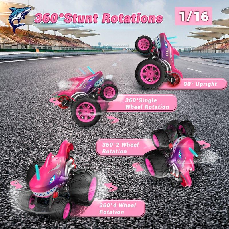 Wisairt Remote Control Monster Truck 1:16 4WD Shark RC Car With 360 Degrees Rotation Upright Stunt Car Toys For Kids Boys Girls Age 3+(Pink)