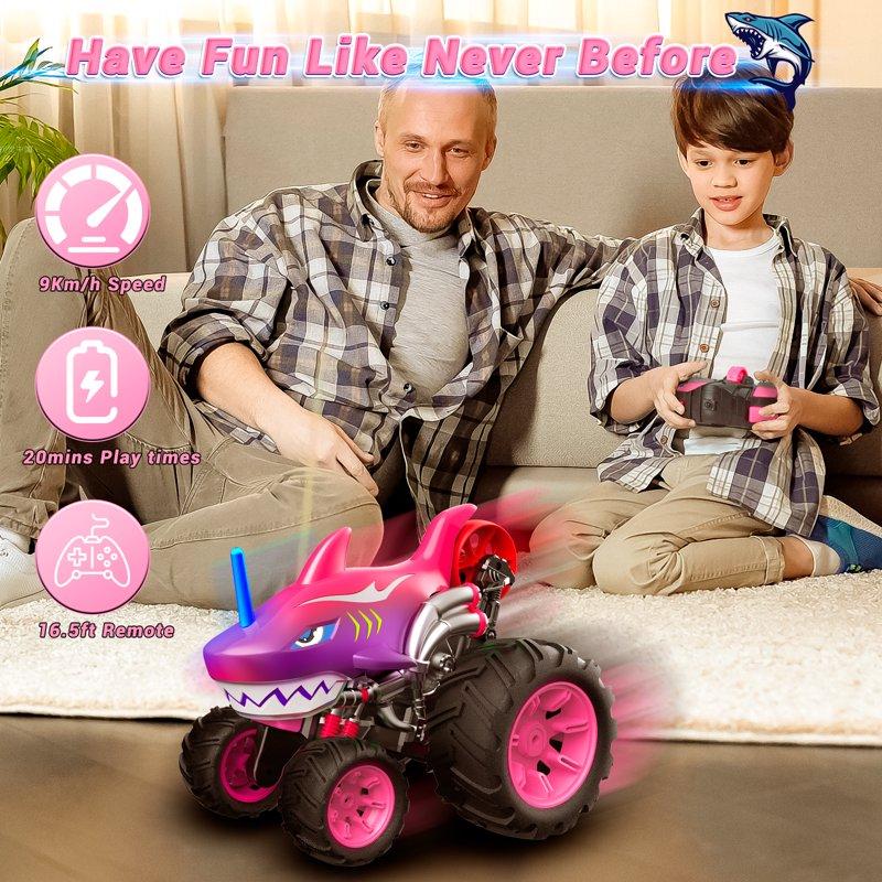 Wisairt Remote Control Monster Truck 1:16 4WD Shark RC Car With 360 Degrees Rotation Upright Stunt Car Toys For Kids Boys Girls Age 3+(Pink)