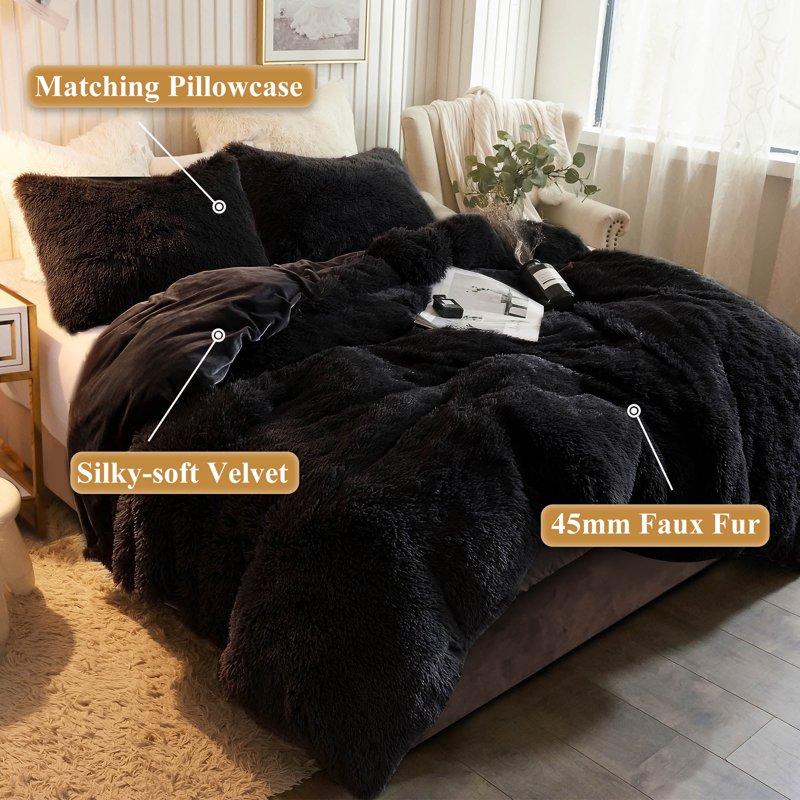 XeGe 3 Pieces Furry Plush Duvet Cover Set Black Faux Fur Comforter Cover Set Luxury Soft Velvet Fuzzy Fluffy Bedding Set Shaggy Duvet Cover With 2 Pillow Covers Zipper Closure Queen Size Black