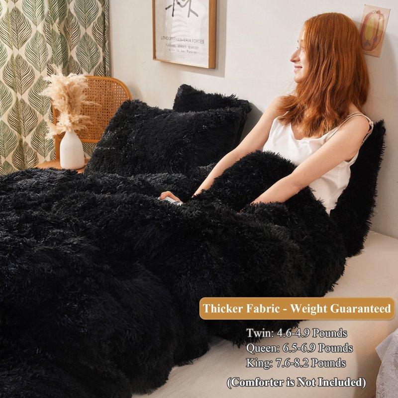 XeGe 3 Pieces Furry Plush Duvet Cover Set Black Faux Fur Comforter Cover Set Luxury Soft Velvet Fuzzy Fluffy Bedding Set Shaggy Duvet Cover With 2 Pillow Covers Zipper Closure Queen Size Black