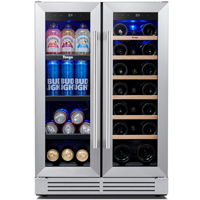 Yeego 24 Inch Wine And Beverage Refrigerator Hold 20 Bottles And 60 Cans 36℉~72℉ Digital Touch Control Built-in Or Freestanding Dual-Zone Wine Cooler Fridge With French Door