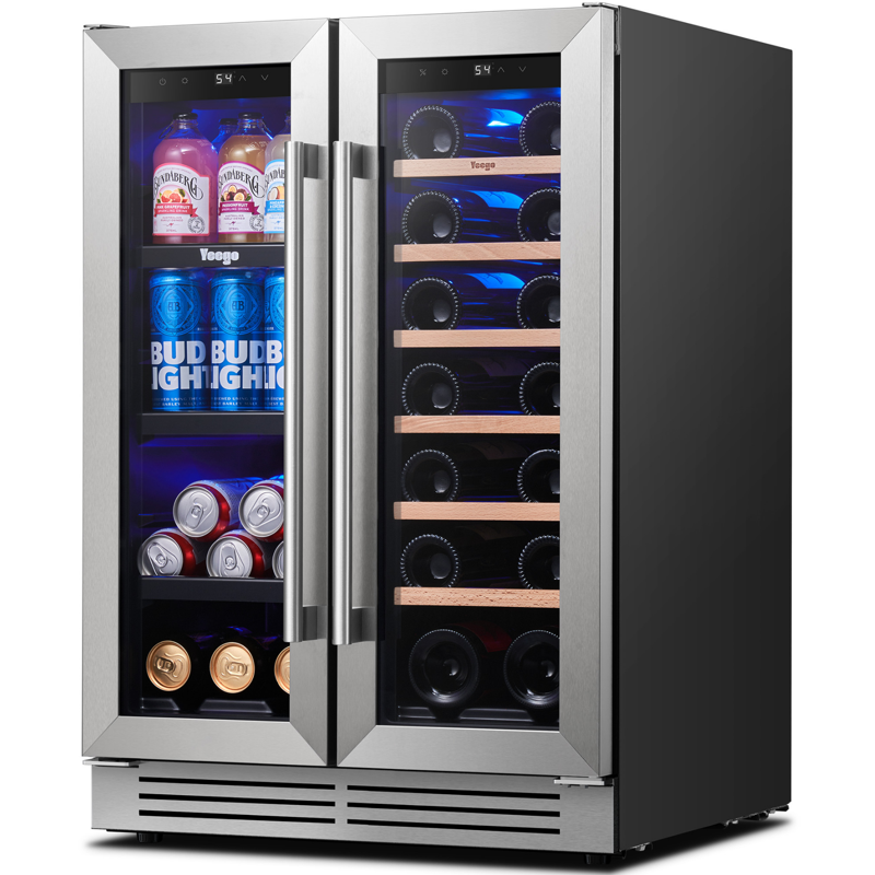 Yeego 24 inch Wine and Beverage Refrigerator Hold 20 Bottles and 60 Cans 36℉~72℉ Digital Touch Control Built-in or Freestanding Dual-Zone Wine Cooler Fridge with French Door