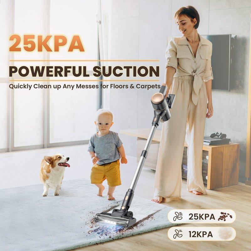 YOMA Cordless Vacuum Cleaner 25Kpa 40 Mins Runtime Lightweight Stick Vacuum Self-Standing Rechargeable Vacuum Cleaners For Pet Hair Carpet Hardwood Floor N8(Gold)