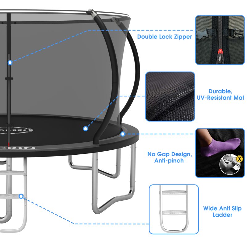 YORIN Trampoline 14FT 16FT 12FT 10FT Trampoline With Enclosure Net 1400LBS Trampoline For 6-7 Kids Adults Outdoor Trampoline With Ladder Anti-Rust Backyard Heavy Duty Recreational Round Trampolin