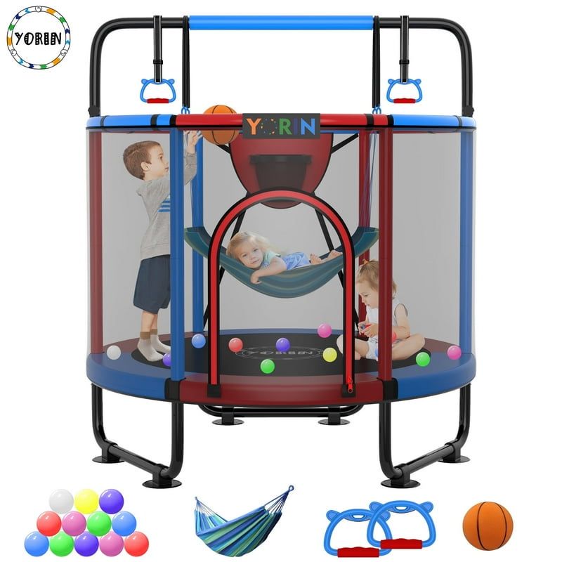 YORIN Trampoline For Kids 60" 55" 66" Toddler Mini Trampoline With Enclosure Net Basketball Hoop 5FT Indoor/Outdoor Kids Trampoline With Swing Adjustable Gymnastics Bars Gifts For Kids 600LBS