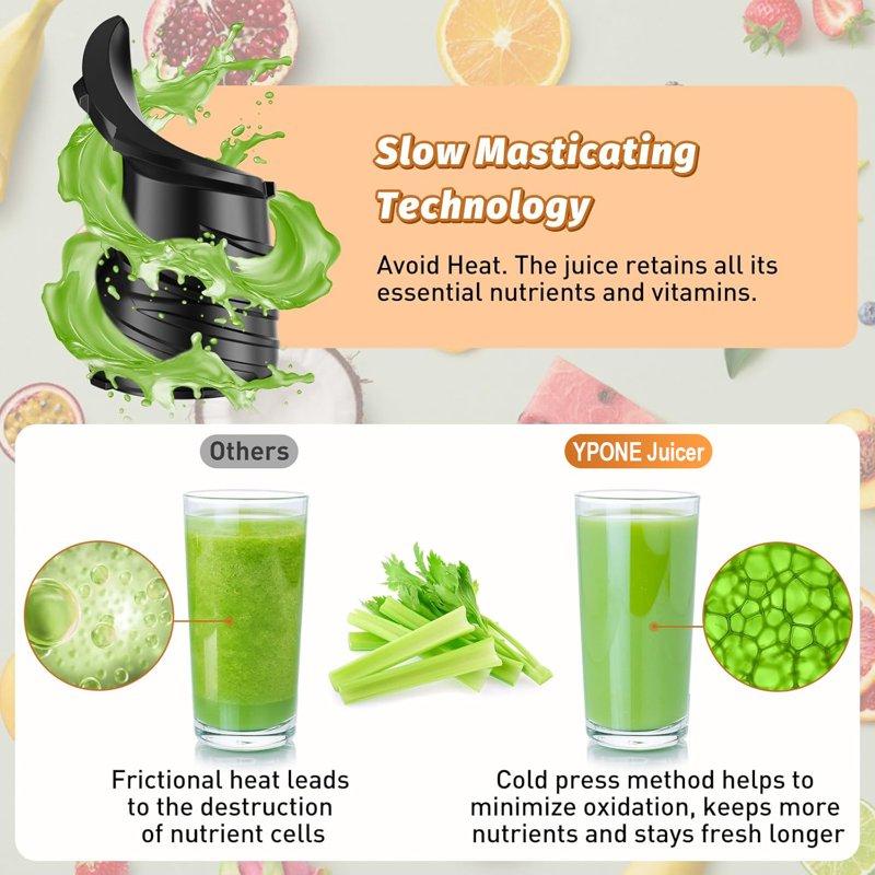YPONE Cold Press Juicer Masticating Juicer With 5.4" Wide Feed Chute 350w Slow Juicer Machines Fit Whole Vegetables And Fruits Juice Extractor Machine With High Juice Yield Easy To Clean(Black)