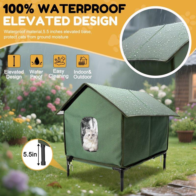 YUWENUS Heated Cat House With Heated Pad And Escape Door For Outdoor Weatherproof Cat Shelter Insulated Outdoor Cat House Green Small