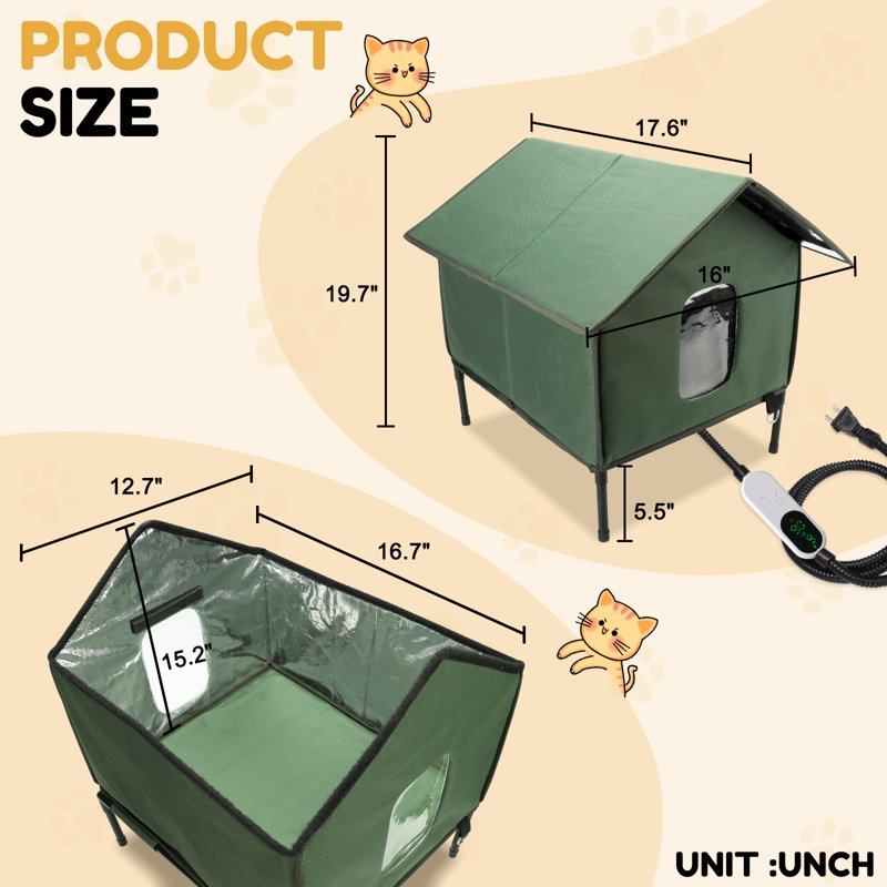 YUWENUS Heated Cat House With Heated Pad And Escape Door For Outdoor Weatherproof Cat Shelter Insulated Outdoor Cat House Green Small