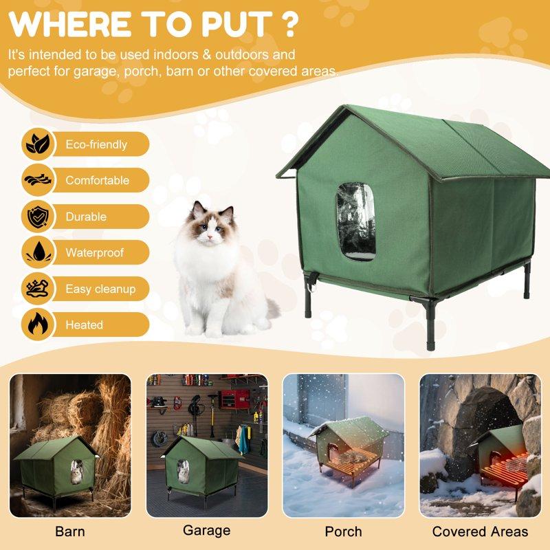 YUWENUS Heated Cat House With Heated Pad And Escape Door For Outdoor Weatherproof Cat Shelter Insulated Outdoor Cat House Green Small