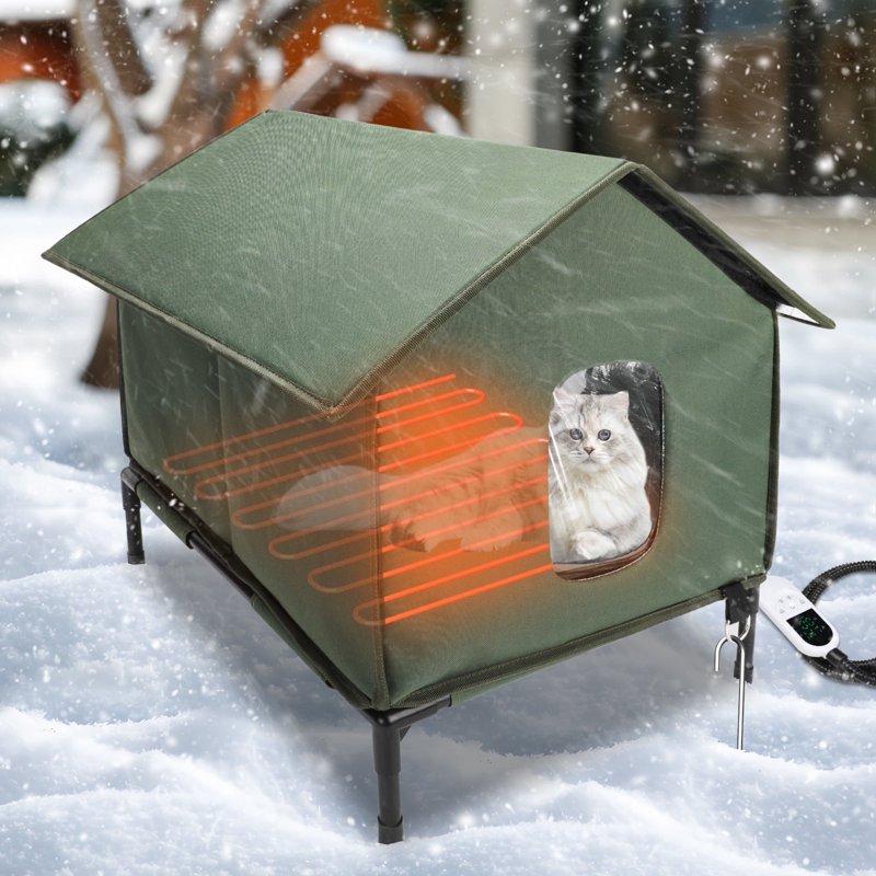 YUWENUS Heated Cat House with Heated Pad and Escape Door for Outdoor Weatherproof Cat Shelter Insulated Outdoor Cat House Green Small