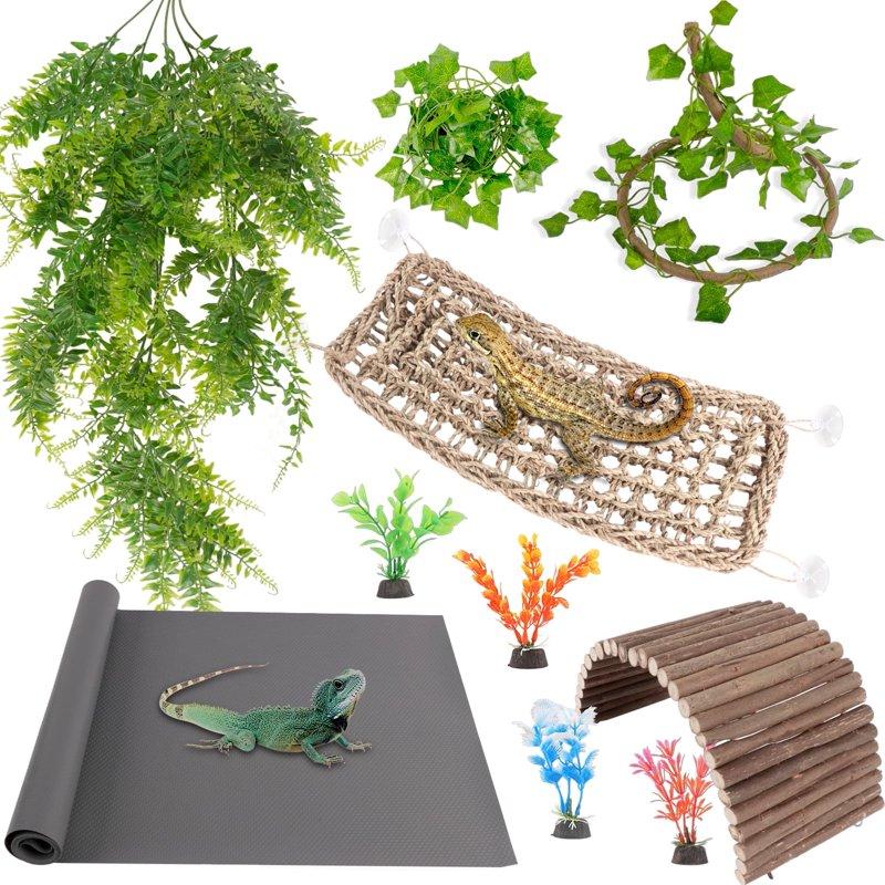 ZALALOVA Bearded Dragon Tank Accessories Include Reptile Mat Hammock Plants Bridge Jungle Climber Vines Terrarium Decorations for Bearded Dragon Lizard Snake