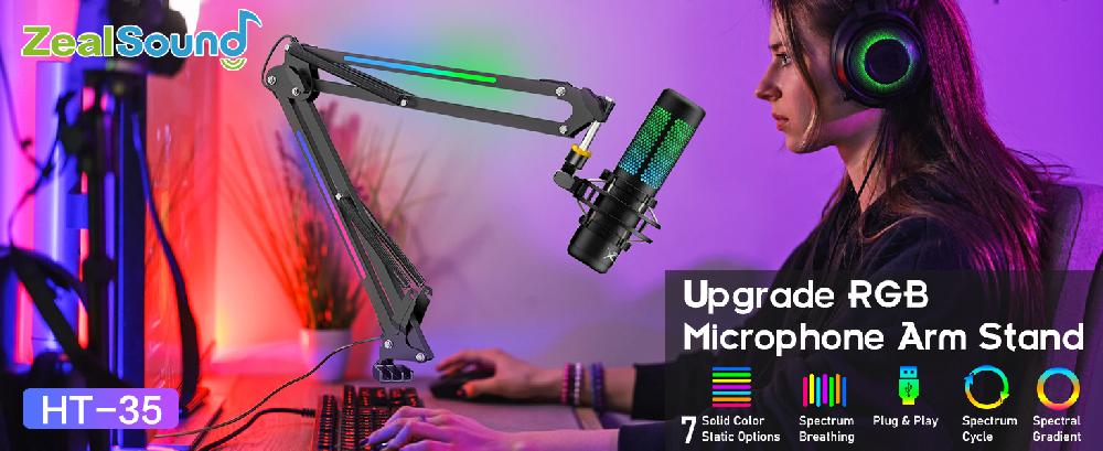 ZealSound RGB Boom Microphone Stand Adjustable Suspension Boom Arm Compatible With Blue Yeti Snowball QuadCast For Gaming Streaming Podcasting Includes 3/8" To 5/8" Adapter