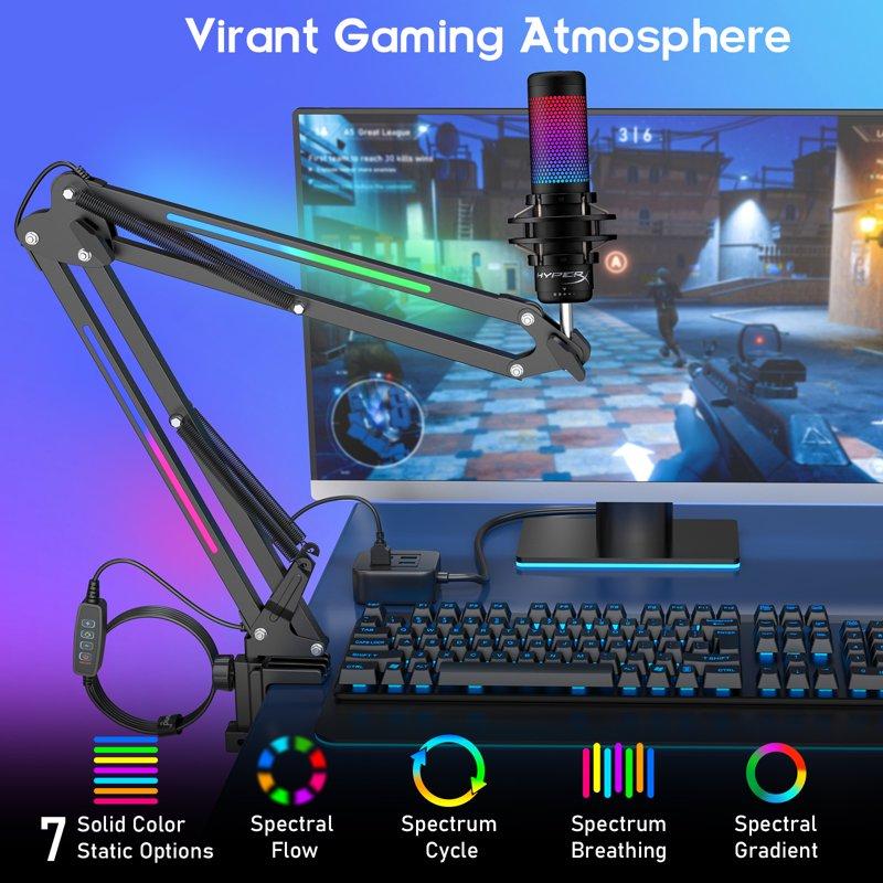 ZealSound RGB Boom Microphone Stand Adjustable Suspension Boom Arm Compatible With Blue Yeti Snowball QuadCast For Gaming Streaming Podcasting Includes 3/8" To 5/8" Adapter