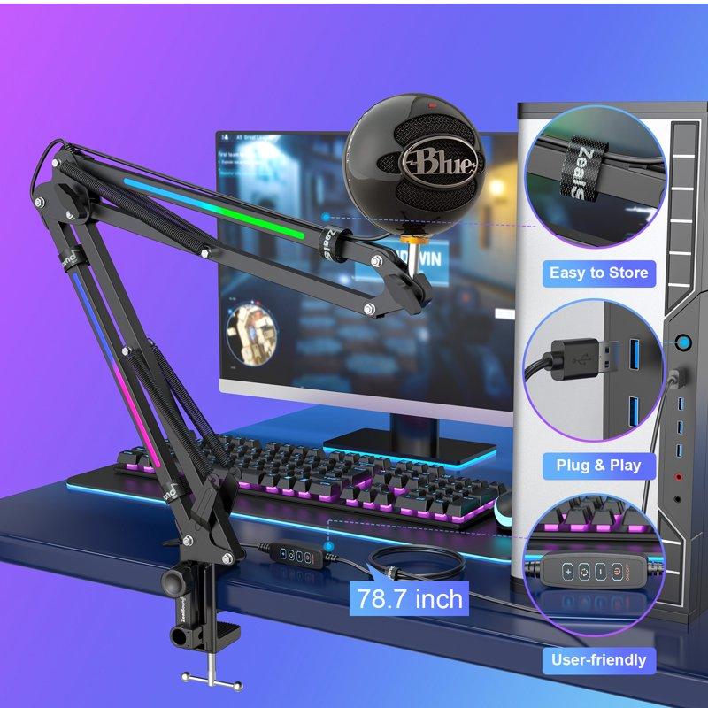 ZealSound RGB Boom Microphone Stand Adjustable Suspension Boom Arm Compatible With Blue Yeti Snowball QuadCast For Gaming Streaming Podcasting Includes 3/8" To 5/8" Adapter