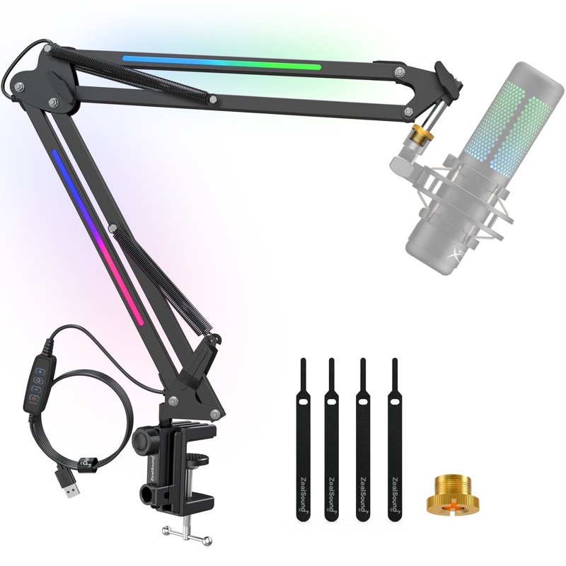 ZealSound RGB Boom Microphone Stand Adjustable Suspension Boom Arm Compatible with Blue Yeti Snowball QuadCast for Gaming Streaming Podcasting Includes 3/8" to 5/8" Adapter