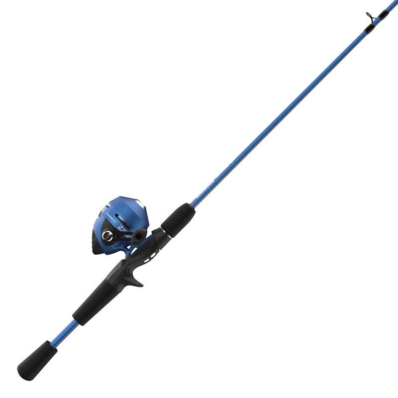 Zebco Slingshot Spincast Fishing Rod And Reel Combo 5-foot 6-inch 2-Piece Fishing Pole Size 30 Reel Right-Hand Retrieve Blue