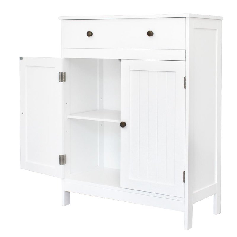 Zimtown White Wooden 2-Door Bathroom Cabinet Storage Organizer with 2 Shelves& 1 Drawer Freestanding