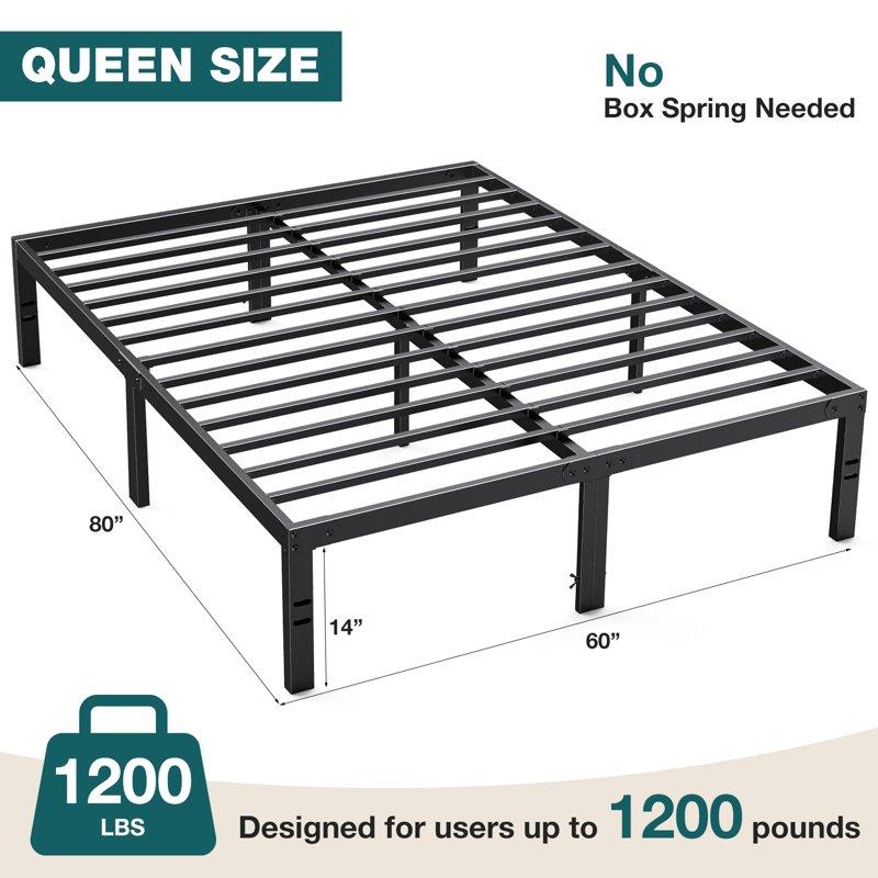 ZUNMOS 14 Inches Queen Bed Frame Heavy Duty Metal Platform With Storage Space Under Frame No Box Spring Needed Queen Size Bed Frame Black