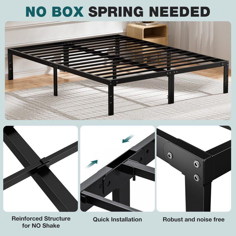 ZUNMOS 14 Inches Queen Bed Frame Heavy Duty Metal Platform With Storage Space Under Frame No Box Spring Needed Queen Size Bed Frame Black