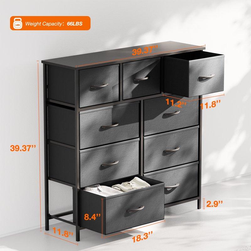 ZUNMOS Fabric Dresser For Bedroom 9 Drawer Grey