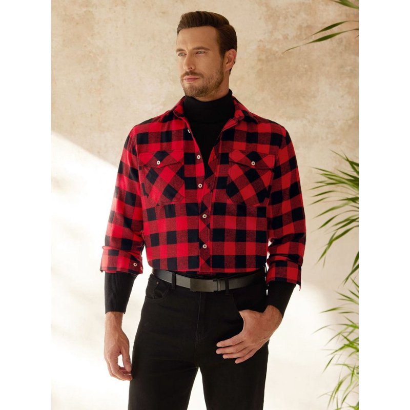 Alimens & Gentle Mens Long Sleeve Red Plaid Flannel Shirts Casual Button Down Regular Fit