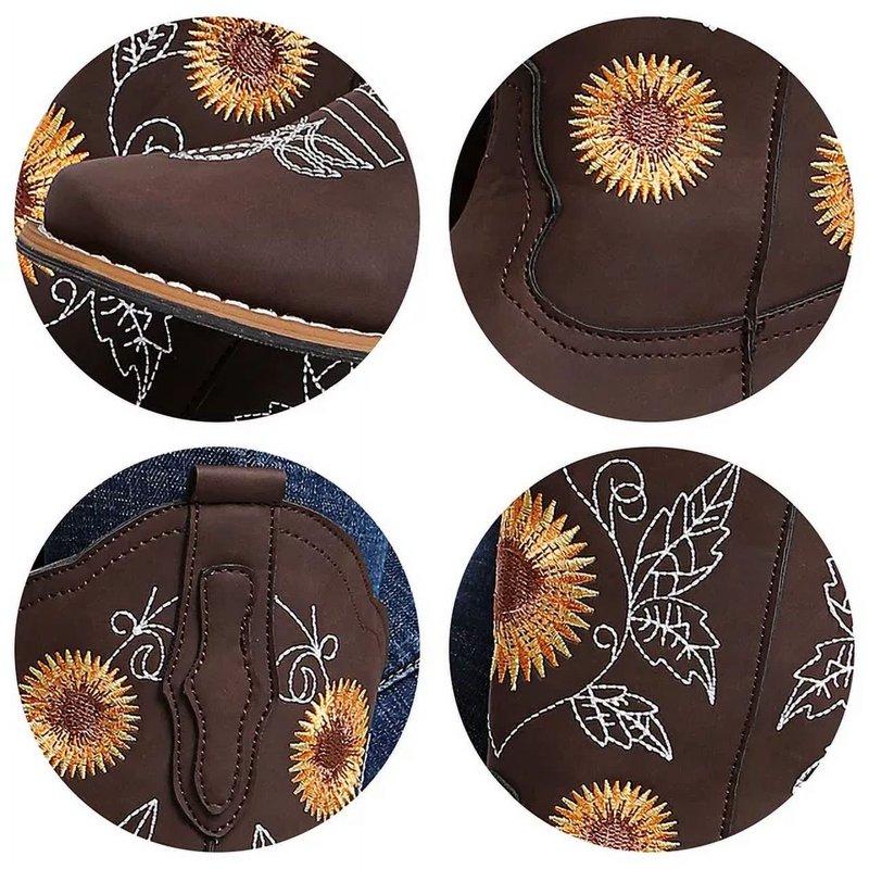 Aulpon Women's Sunflower Embroidered Western Mid-Calf Cowboy Boots Low Heel Square Toe Brown 7