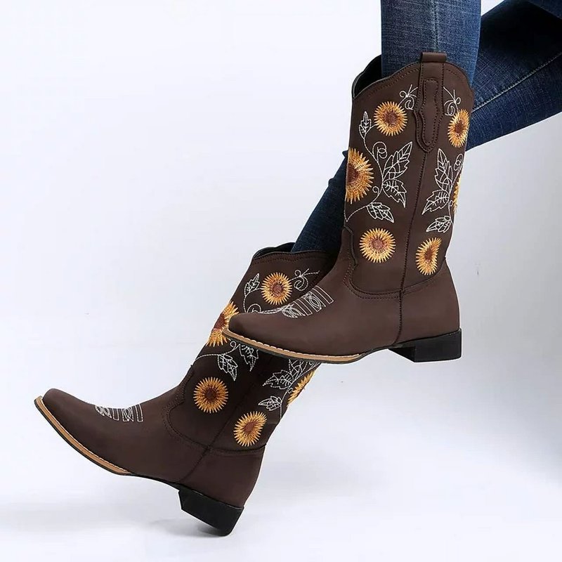 Aulpon Women's Sunflower Embroidered Western Mid-Calf Cowboy Boots Low Heel Square Toe Brown 7