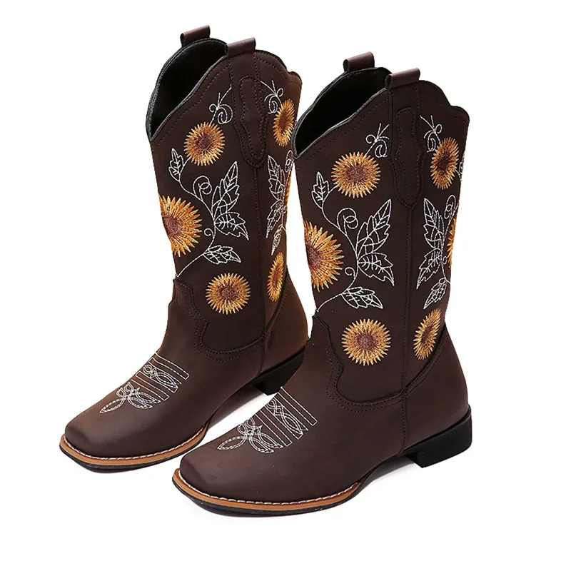 Aulpon Women's Sunflower Embroidered Western Mid-Calf Cowboy Boots Low Heel Square Toe Brown 7