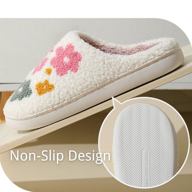 BERANMEY Cute Cartoon Flower Slippers For Women Soft Plush Comfy Warm Slip-On Couple Slippers Fo Women Indoor Fluffy House Slippers For Women And Men Non-slip Fuzzy Flat Slides