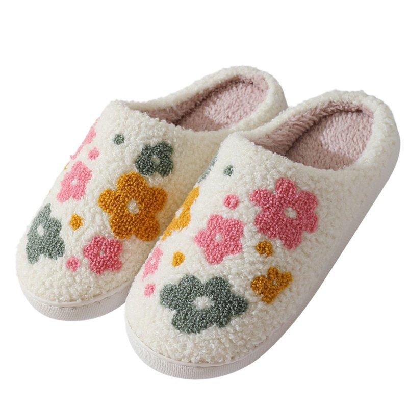 BERANMEY Cute Cartoon Flower Slippers For Women Soft Plush Comfy Warm Slip-On Couple Slippers Fo Women Indoor Fluffy House Slippers For Women And Men Non-slip Fuzzy Flat Slides
