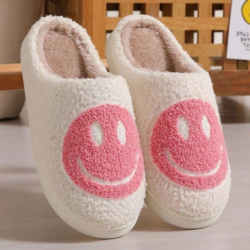 BERANMEY Cute Smile Face Slippers For Women Perfect Soft Plush Comfy Warm Slip-On Happy Face Slippers Fo Women Indoor Fluffy Smile House Slippers For Women And Men Non-slip Fuzzy Flat Slides