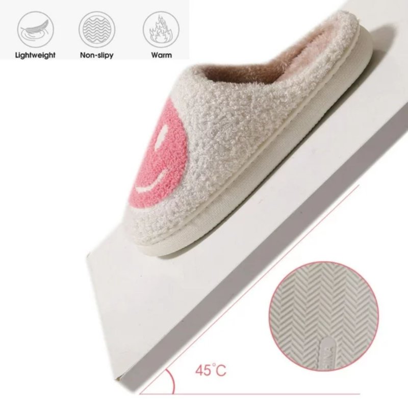 BERANMEY Cute Smile Face Slippers For Women Perfect Soft Plush Comfy Warm Slip-On Happy Face Slippers Fo Women Indoor Fluffy Smile House Slippers For Women And Men Non-slip Fuzzy Flat Slides