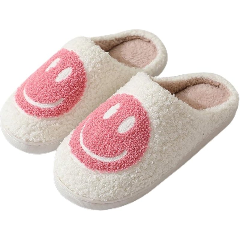BERANMEY Cute Smile Face Slippers For Women Perfect Soft Plush Comfy Warm Slip-On Happy Face Slippers Fo Women Indoor Fluffy Smile House Slippers For Women And Men Non-slip Fuzzy Flat Slides