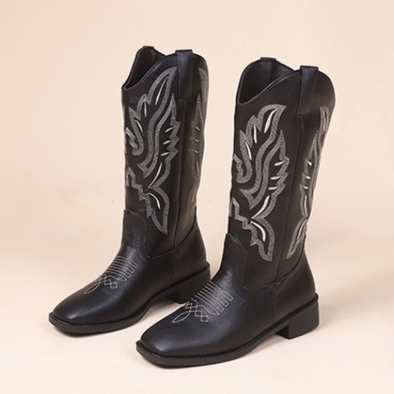 BERANMEY Women Embroidered Pull On Wide Calf Knee High Cowgirl Boots Classic Retro Chunky Heel Western Cowboy Boots For Women