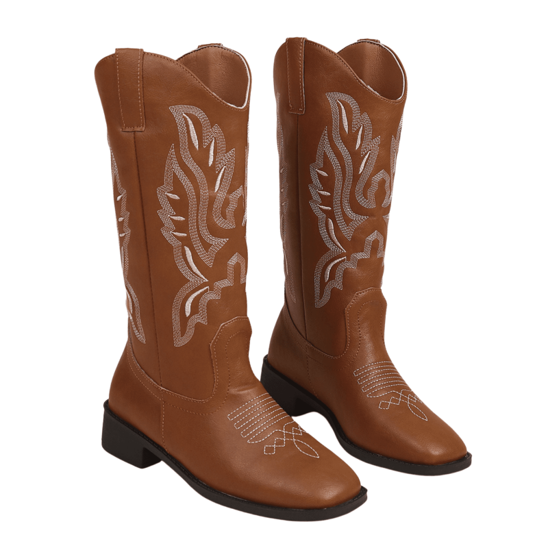 BERANMEY Women Embroidered Pull on Wide Calf Knee High Cowgirl Boots Classic Retro Chunky Heel Western Cowboy Boots for Women