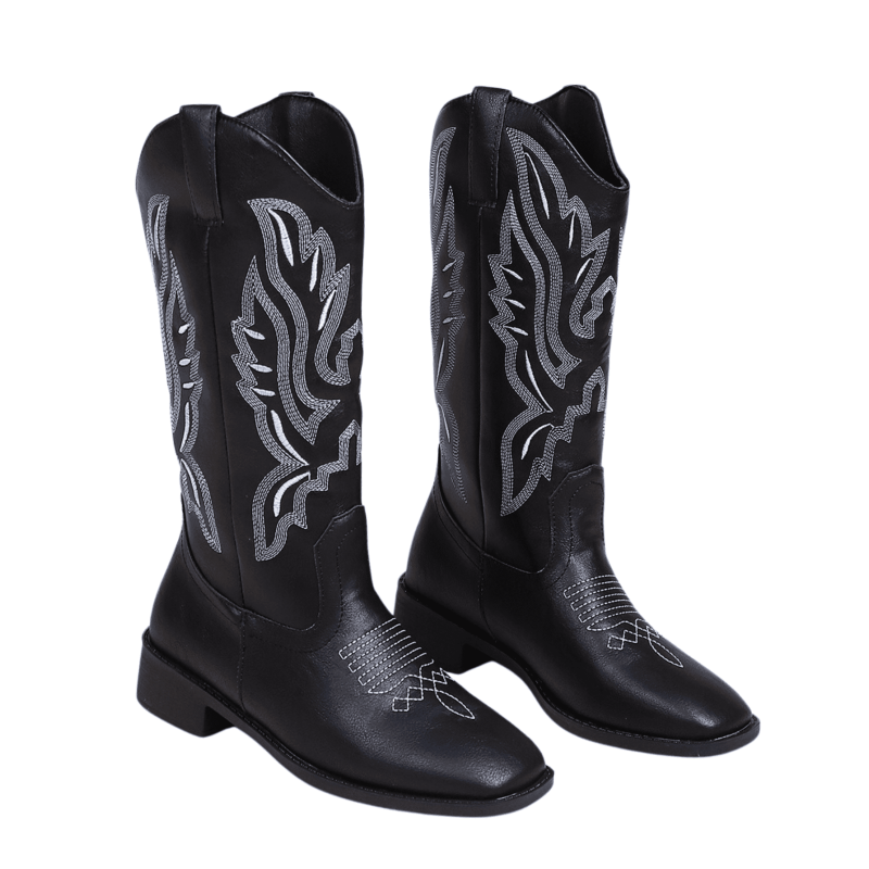 BERANMEY Women Embroidered Pull on Wide Calf Knee High Cowgirl Boots Classic Retro Chunky Heel Western Cowboy Boots for Women