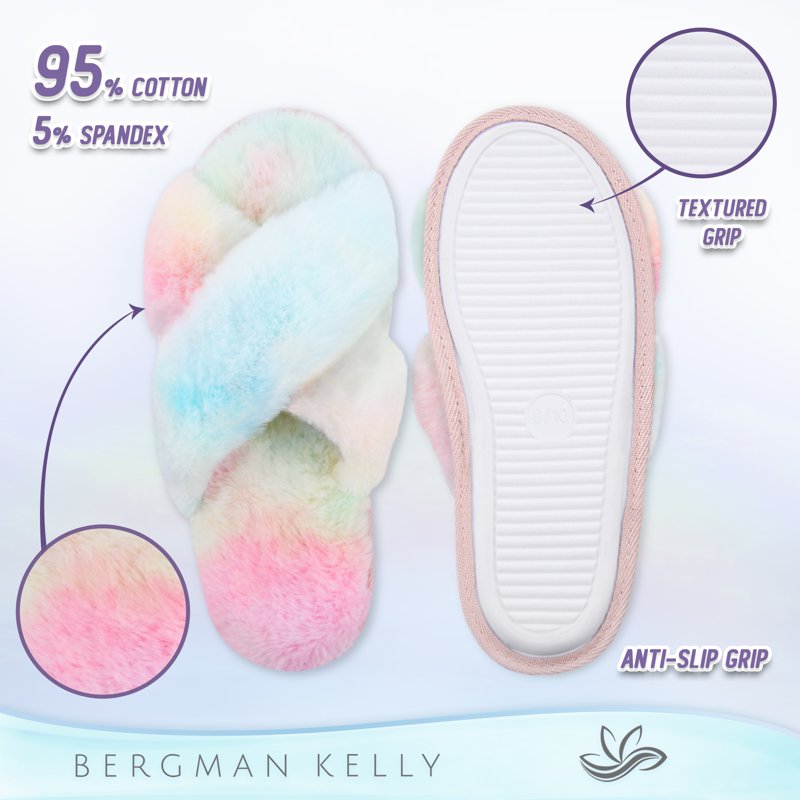 Bergman Kelly Fuzzy House Slippers For Women Anti-Slip & Open Toe Scuff Style Home Shoes Clouds Collection