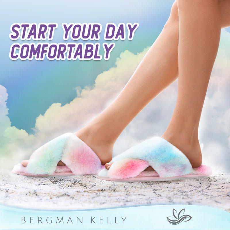 Bergman Kelly Fuzzy House Slippers For Women Anti-Slip & Open Toe Scuff Style Home Shoes Clouds Collection