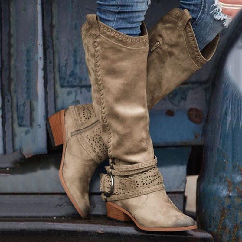 Bescita Women Cowboy Riding Boots Casual Warm Middle Heels Middle Tube Boots Shoes