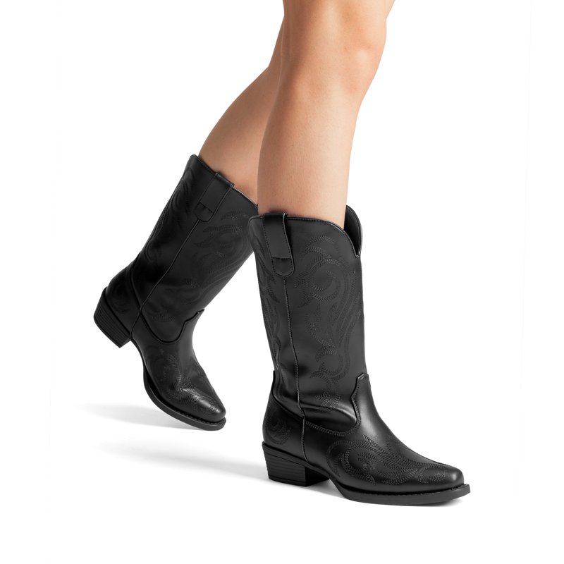 BURUDANI Women’s Western Cowboy Boots Mid-Calf Cowgirl Boots With Chunky Heel & Embroidered Stitching