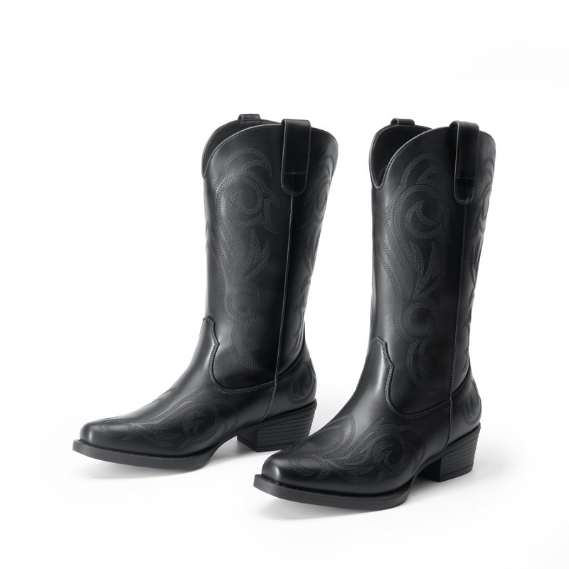 BURUDANI Women’s Western Cowboy Boots Mid-Calf Cowgirl Boots with Chunky Heel & Embroidered Stitching