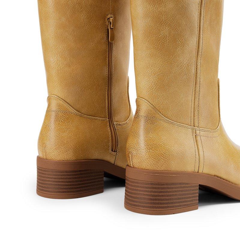 BURUDANI Womens Knee High Boots Comfortable Platform Chunky Block Heel Banana Campus Boots Square Toe