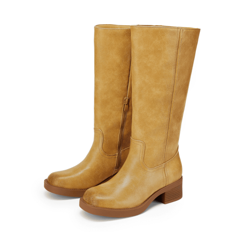 BURUDANI Womens Knee High Boots Comfortable Platform Chunky Block Heel Banana Campus Boots Square Toe