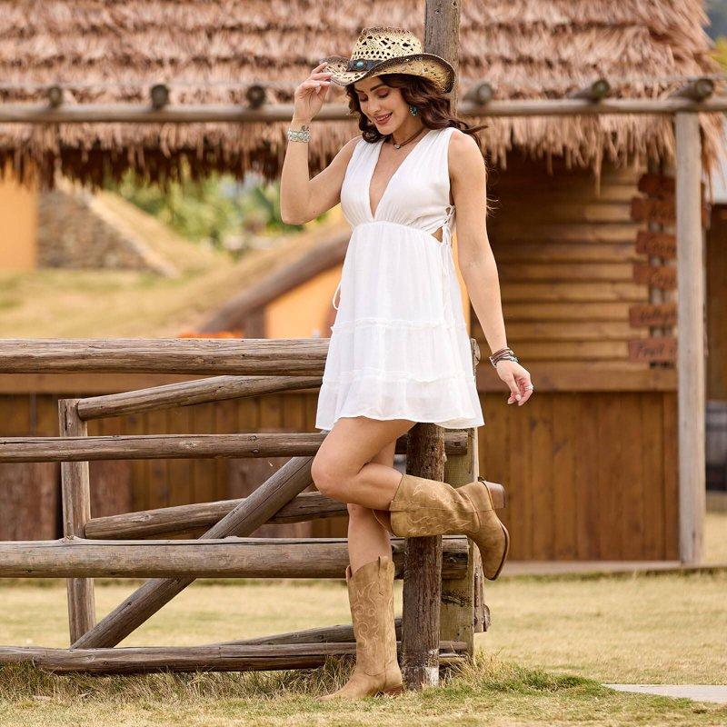 Cowboy Boots For Women Western Cowgirl Boots Mid Calf Snip Toe Boot With Chunky Heel