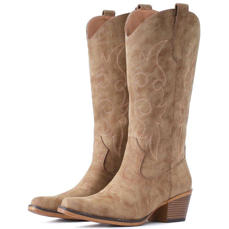 Cowboy Boots For Women Western Cowgirl Boots Mid Calf Snip Toe Boot With Chunky Heel