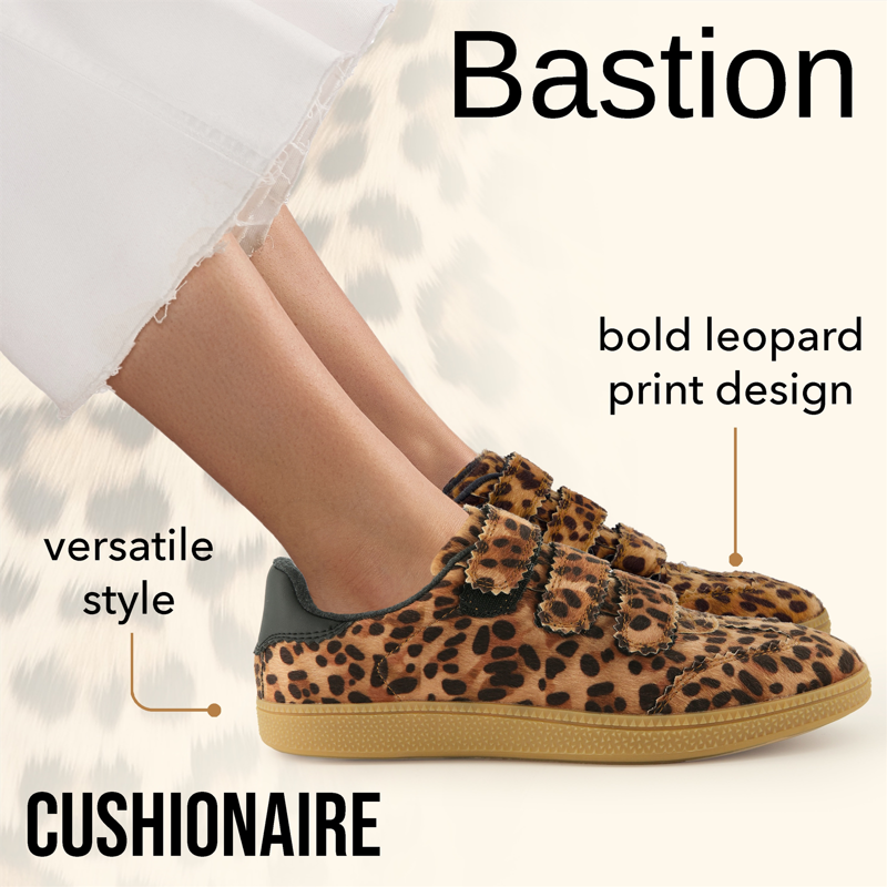 Cushionaire Bastion Vegan Hair Calf Leopard Print Casual Hook And Loop Closure Womens Sneakers – Lightweight Comfort With Non-Slip Rubber Sole