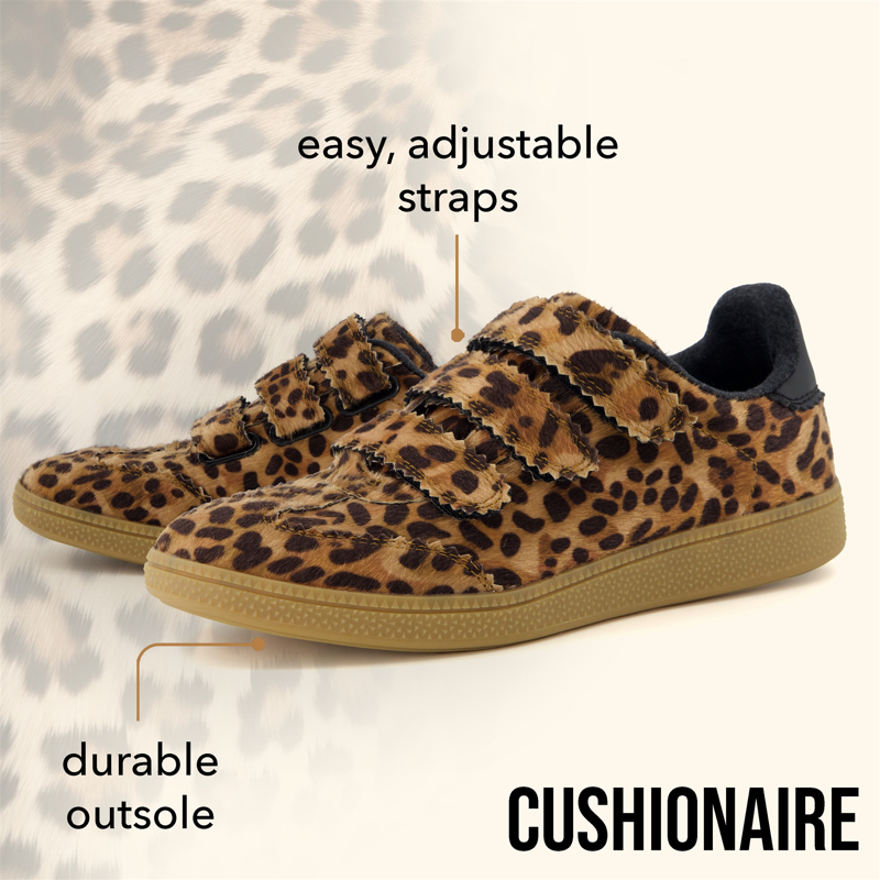Cushionaire Bastion Vegan Hair Calf Leopard Print Casual Hook And Loop Closure Womens Sneakers – Lightweight Comfort With Non-Slip Rubber Sole