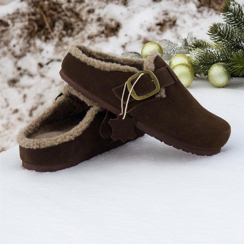 Cushionaire Haven Genuine Leather Clogs For Women – Faux Fur Lined Slip-On Womens Shoes With Cork Footbed And Adjustable Buckle