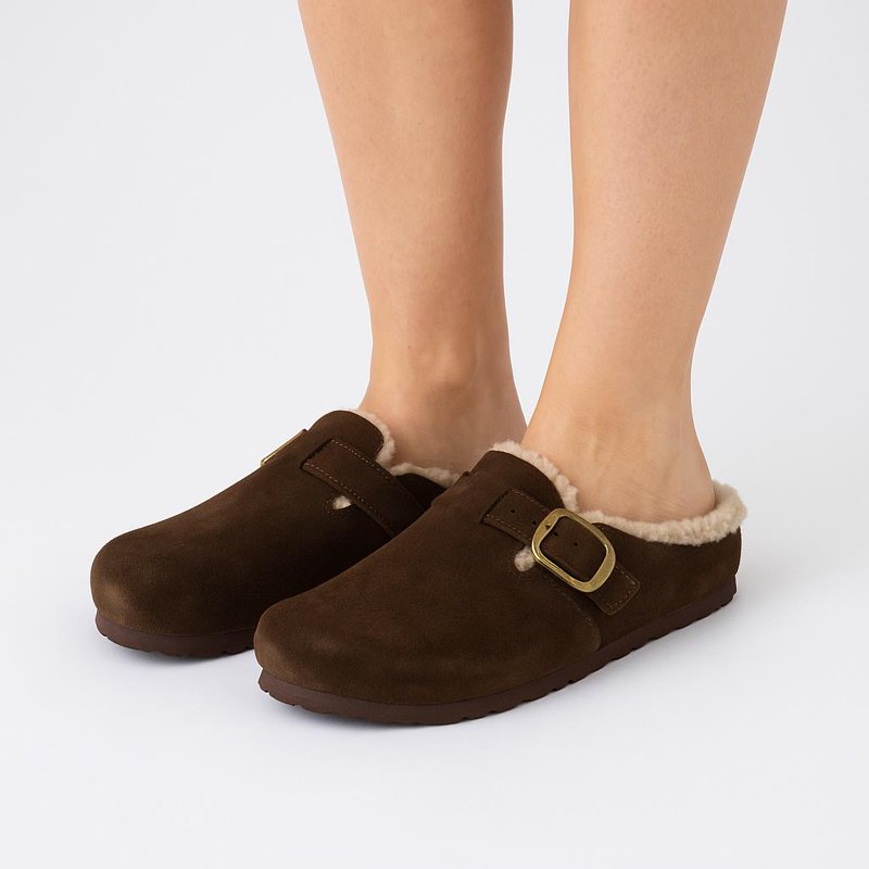 Cushionaire Haven Genuine Leather Clogs For Women – Faux Fur Lined Slip-On Womens Shoes With Cork Footbed And Adjustable Buckle